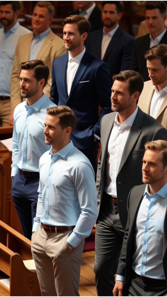 For Easter Sunday church, men can wear a dress shirt with trousers or chinos, and a blazer or sport coat for a more formal look.