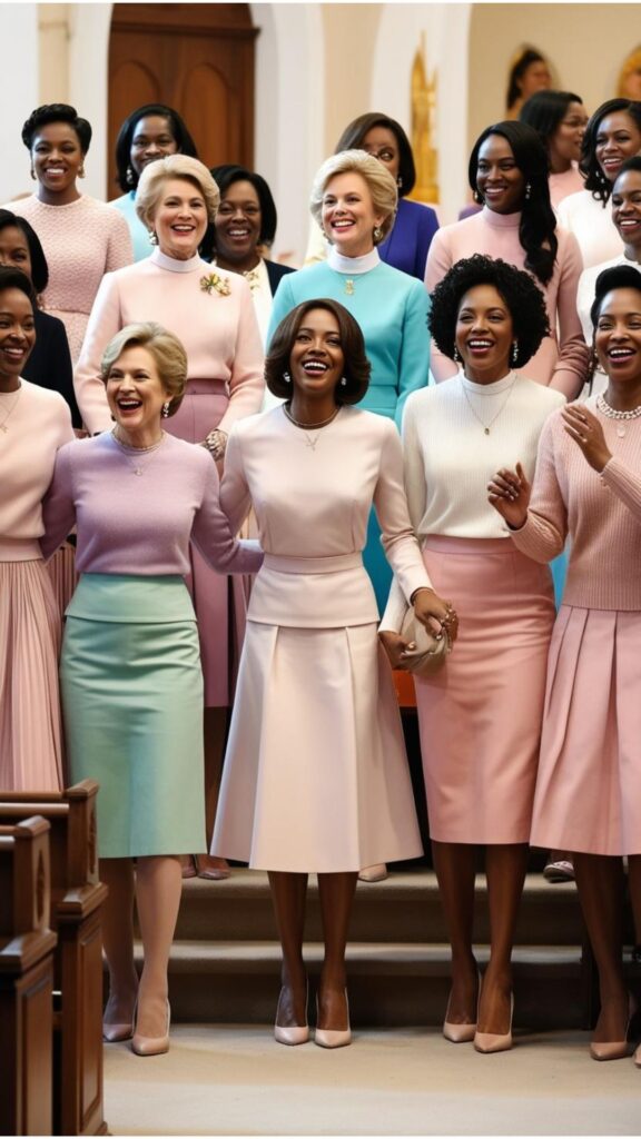 For Easter Sunday church, stunning women can wear dresses, skirts, or dress pants with blouses or sweaters in pastel colors or classic styles for a more formal look.