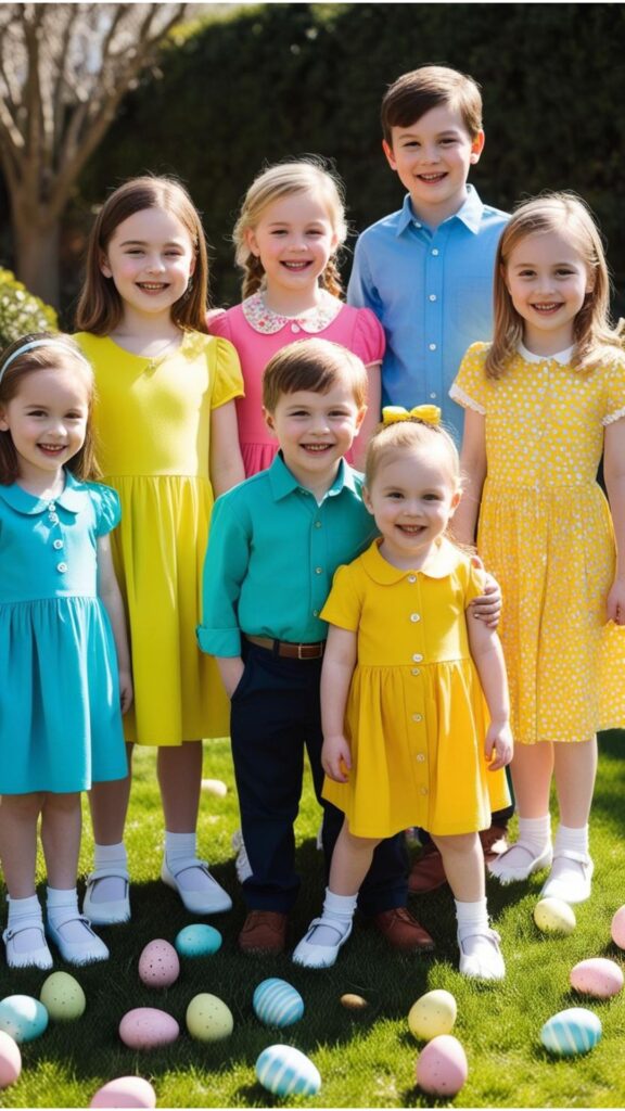 Children posing for Easter photos, wearing colorful dresses, shirts, and shoes.