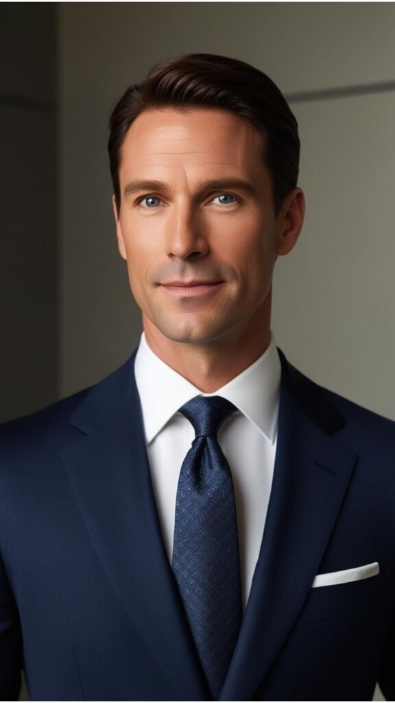 A good-looking man wearing a navy blue suit with a crisp white shirt and a patterned tie.