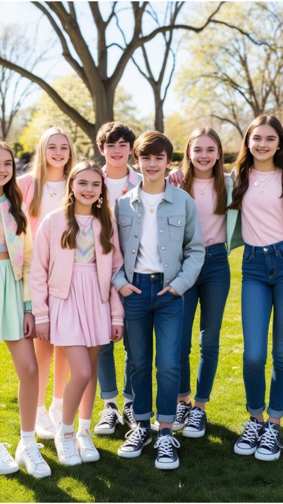 A group of teenagers posing for Easter photos. The girls are wearing trendy outfits, while the boys are wearing casual yet stylish attire.