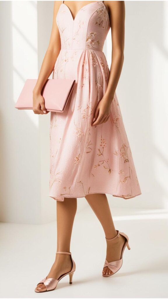 A lovely woman wearing a pastel pink dress with a floral print, paired with bare heels and a matching clutch.
