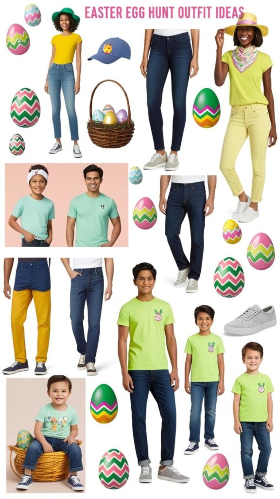 A mood board showcasing various Easter Egg Hunt Outfit ideas for women, men, and children, including jeans, t-shirts, sneakers, and comfortable accessories.