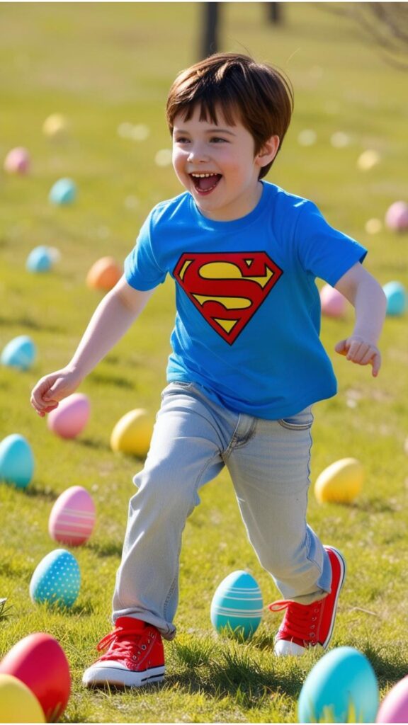 A young boy wearing a t-shirt with a superhero print, jeans, and sneakers, participating in an Easter egg hunt.