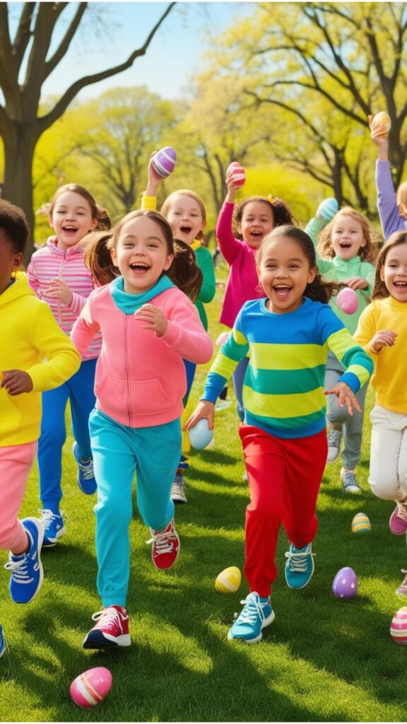 Children wearing comfortable clothes and sneakers, participating in an Easter egg hunt in a park.