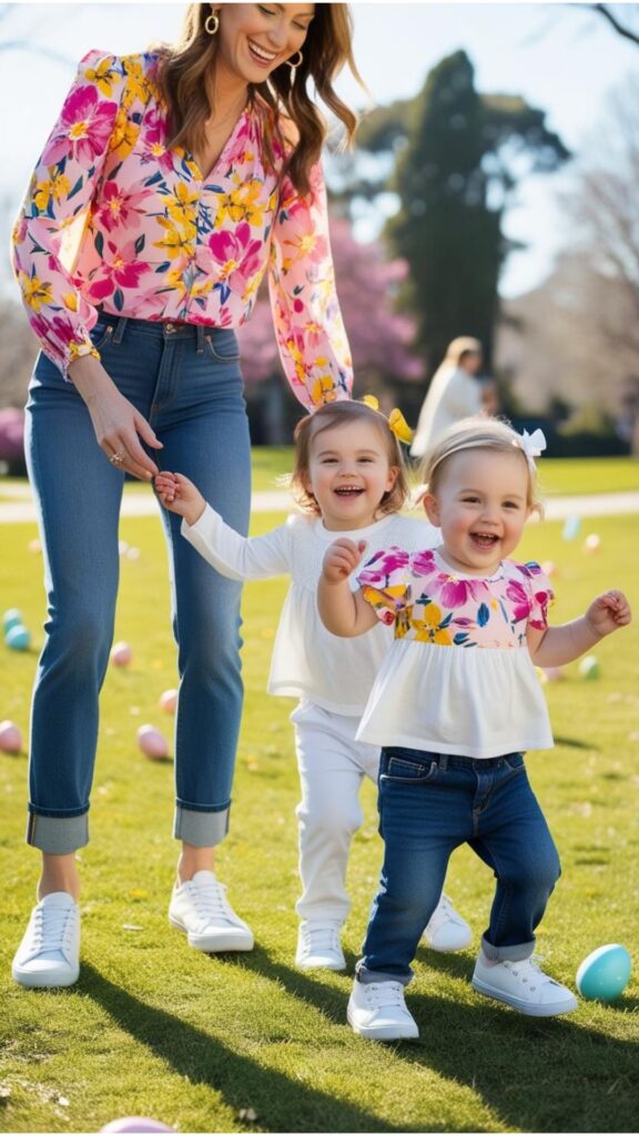 A lovely mom wearing jeans, a floral blouse, and sneakers, enjoying an Easter egg hunt with her children