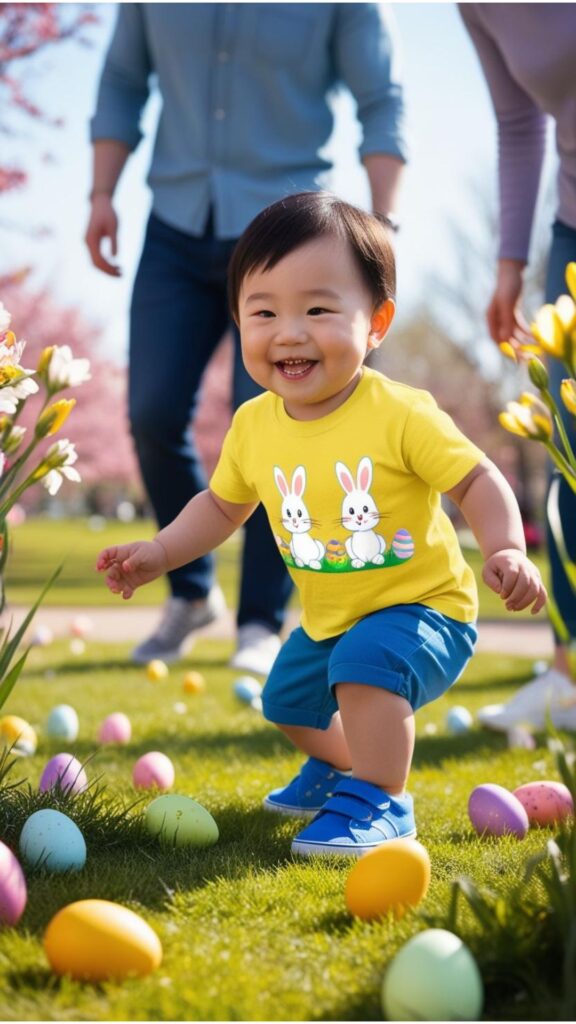 A toddler wearing comfortable sneakers and a brightly colored t-shirt, participating in an Easter egg hunt with their parents.