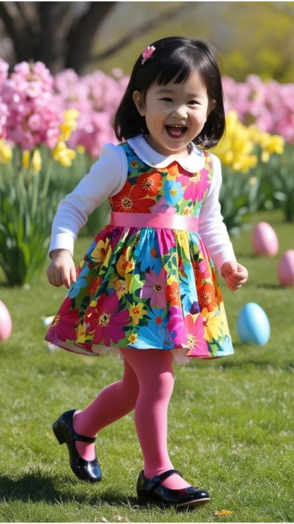 A toddler girl wearing a colorful dress with a floral print, tights, and Mary Jane shoes, participating in an Easter egg hunt.