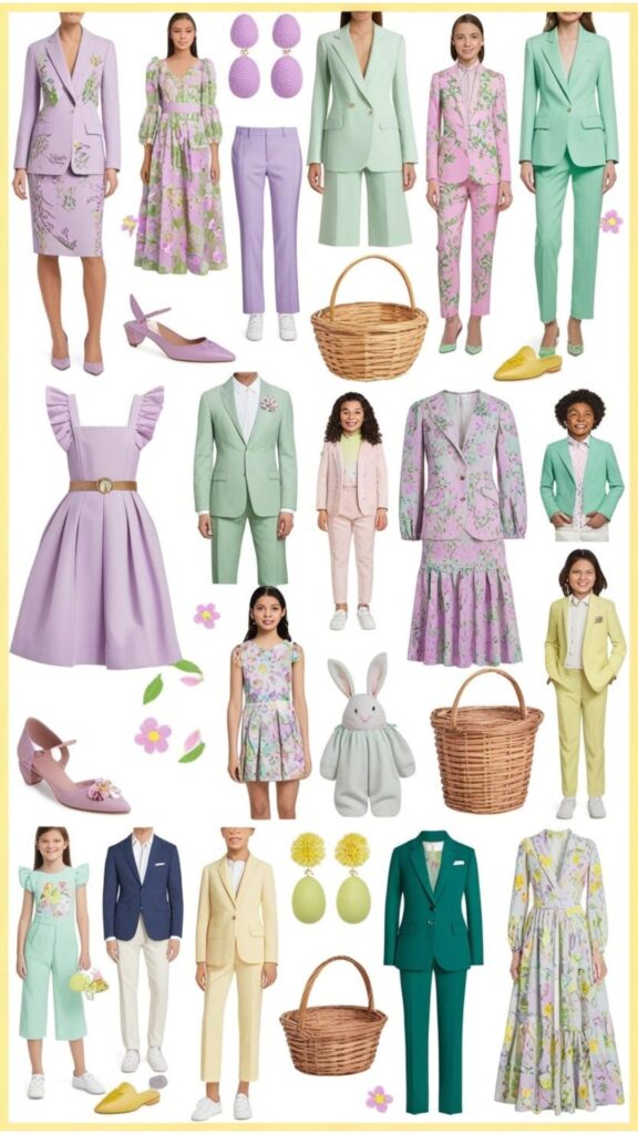 A collage showcasing a variety of Easter fashion outfits for women, men, and children, featuring pastel colors, floral prints, and spring-inspired styles.