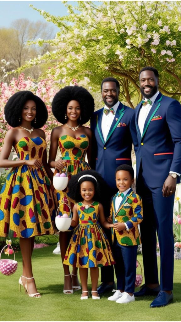 A Black family celebrating Easter in stylish attire. The women are wearing dresses with African prints, while the men are wearing suits with colorful accents.