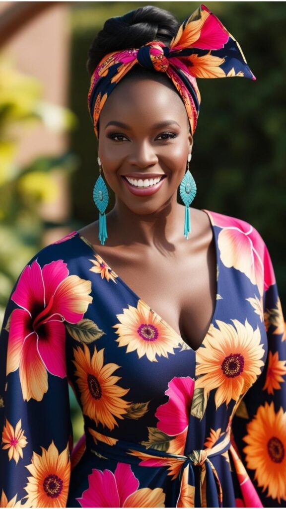 A stunning Black woman wearing a vibrant floral dress with statement earrings and a colorful headwrap.