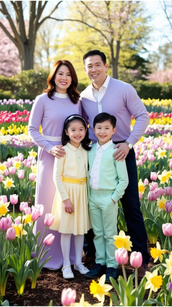 A family posing for Easter photos in a spring garden. They are wearing coordinating outfits in pastel colors.