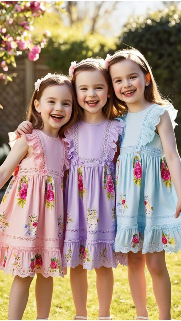 For Easter, dress little girls in pastel-colored dresses with floral prints, lace, or ruffles for a festive look.