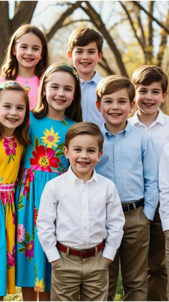 Children wearing their Easter best. Girls in colorful dresses and boys in button-down shirts and chinos.