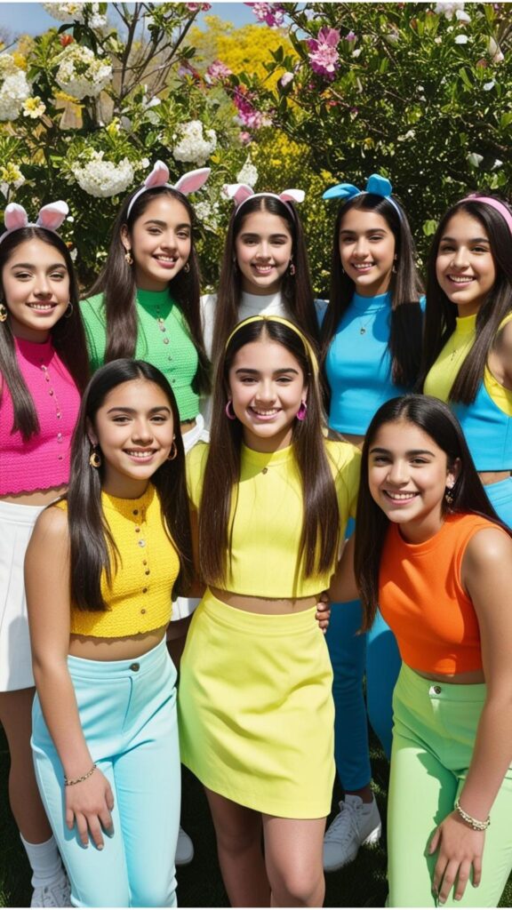 A group of teenagers posing for Easter photos. The girls are wearing trendy outfits, while the boys are wearing casual yet stylish attire.