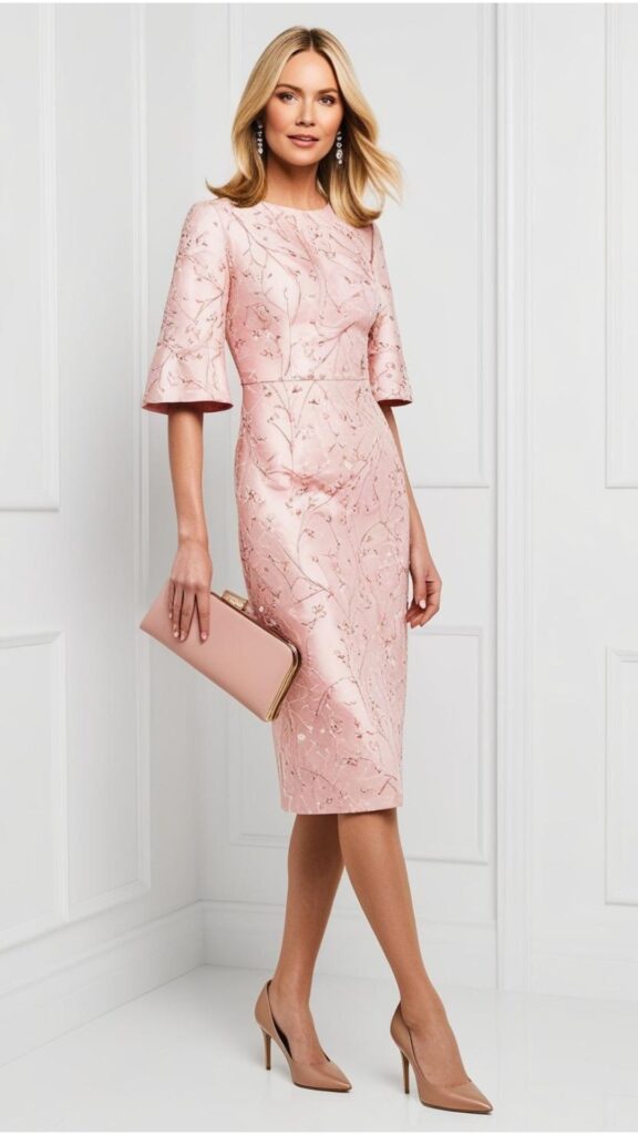 A stunning woman wearing a pastel pink dress with a floral print, paired with bare heels and a matching clutch.