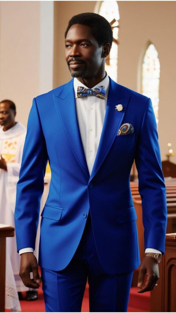 A Black man wearing a vibrant blue suit with a crisp white shirt and a patterned pocket square, attending an Easter church service.