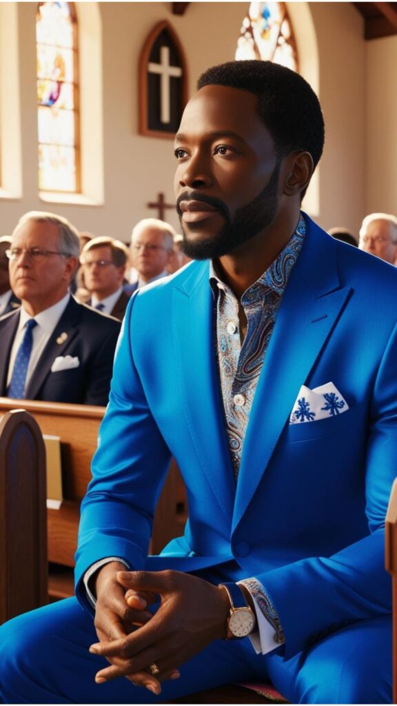 A Black man wearing a vibrant blue suit with a patterned shirt and a pocket square, attending an Easter church service.