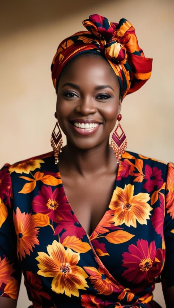 A Black woman wearing a vibrant floral dress with statement earrings and a colorful headwrap.