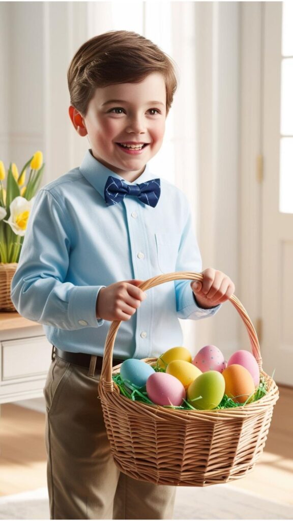 A young boy wearing a light blue button-down shirt, khaki pants, and a bow tie, holding an Easter basket filled with colorful eggs.