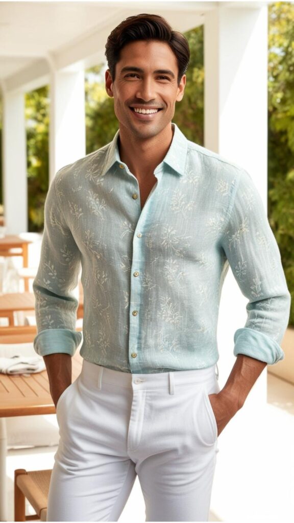 A good-looking man wearing a light blue linen shirt with a subtle floral pattern, paired with white chinos and loafers.