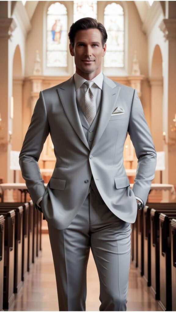 A handsome man wearing a light gray suit with a crisp white shirt and a patterned tie, standing in a church.