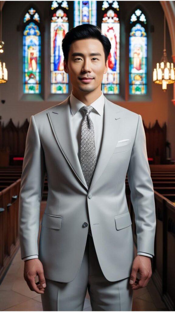 A good-looking man wearing a light gray suit with a crisp white shirt and a patterned tie, standing in a church.