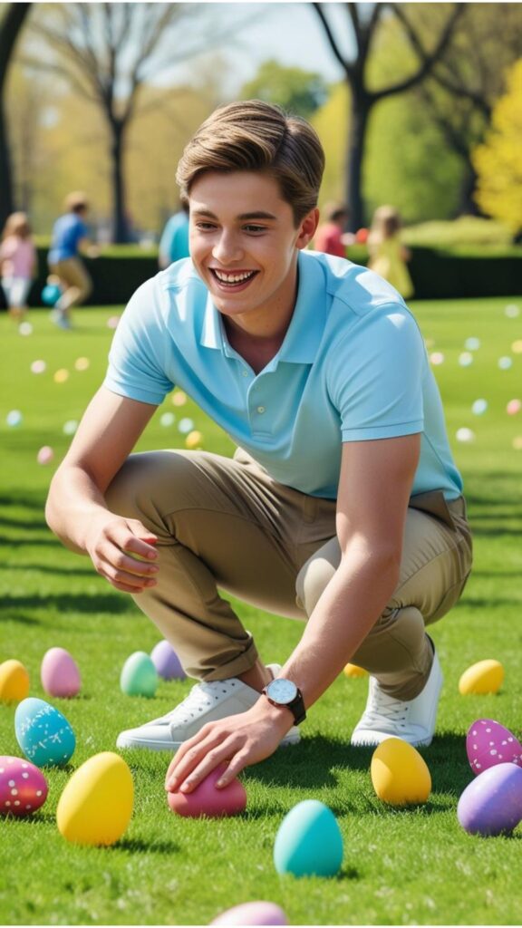 A young man wearing a light blue polo shirt with khaki pants and white sneakers, enjoying an Easter egg hunt.