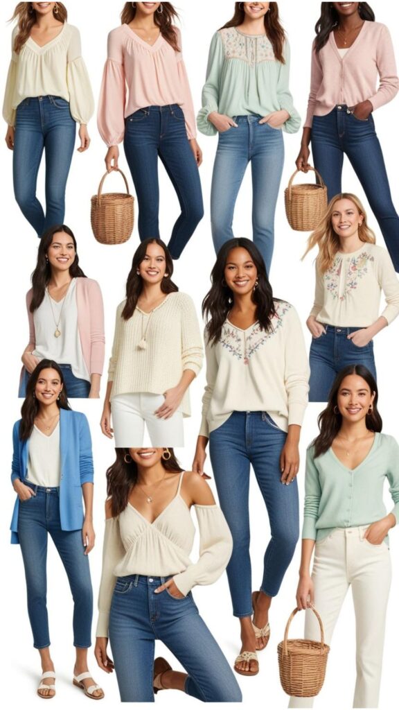 For a casual Easter outfit, women can pair jeans with a blouse, sweater, or dressy top, and add a blazer or cardigan for warmth.