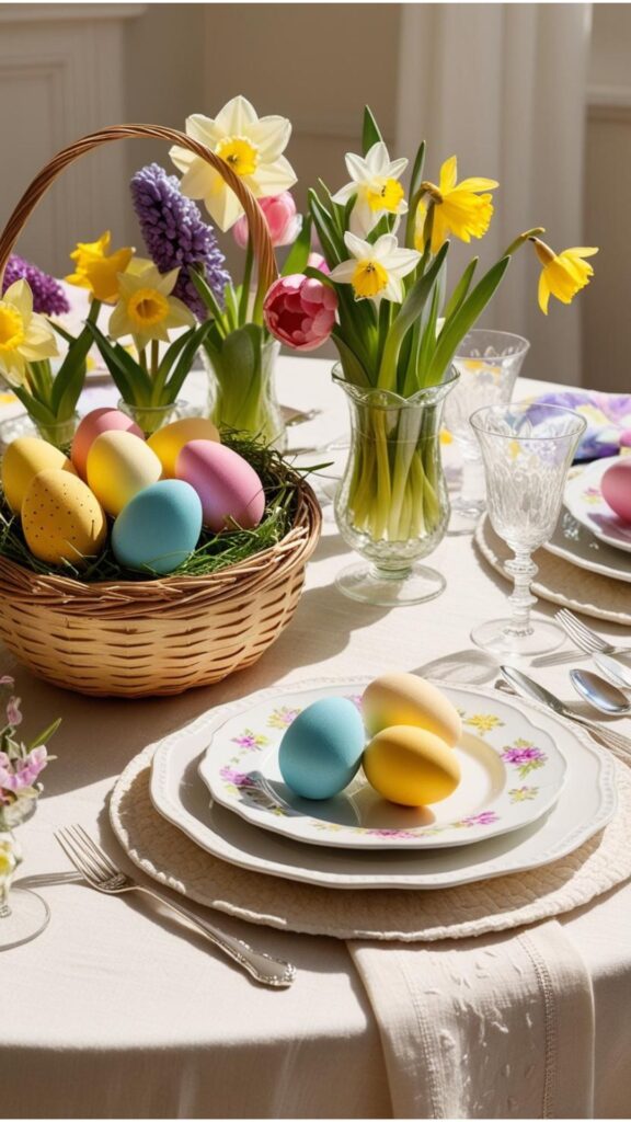 A beautifully decorated Easter table with colorful eggs, spring flowers, and elegant tableware.