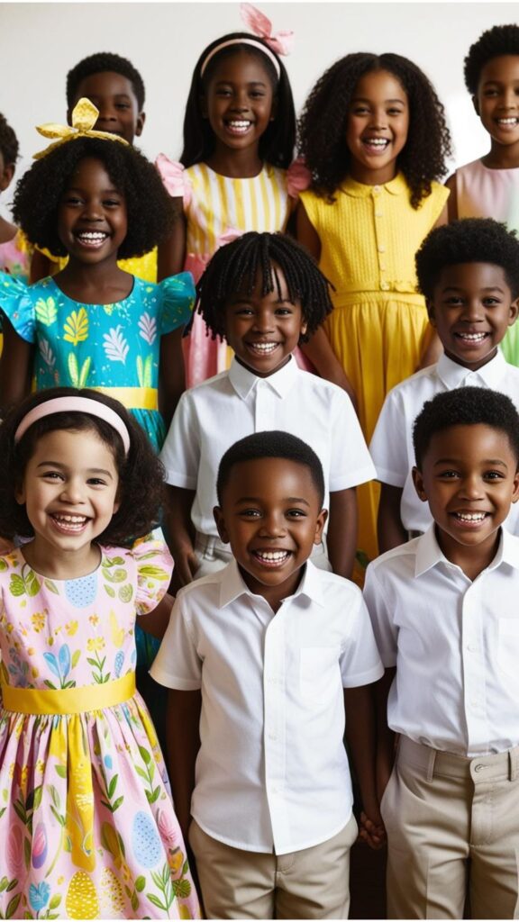Black children wearing their Easter best. Girls in colorful dresses and boys in button-down shirts and chinos.