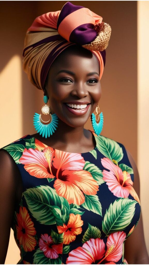 A Black woman wearing a vibrant floral dress with statement earrings and a colorful headwrap.