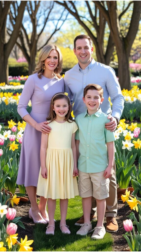 A family posing for Easter photos in a spring garden. They are wearing coordinating outfits in pastel colors.