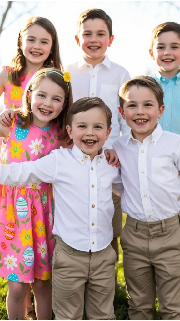 Children wearing their Easter best. Girls in colorful dresses and boys in button-down shirts and chinos.