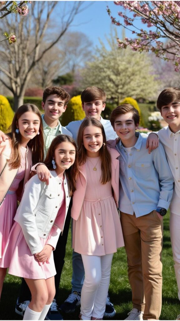 A group of teenagers posing for Easter photos. The girls are wearing trendy outfits, while the boys are wearing casual yet stylish attire.