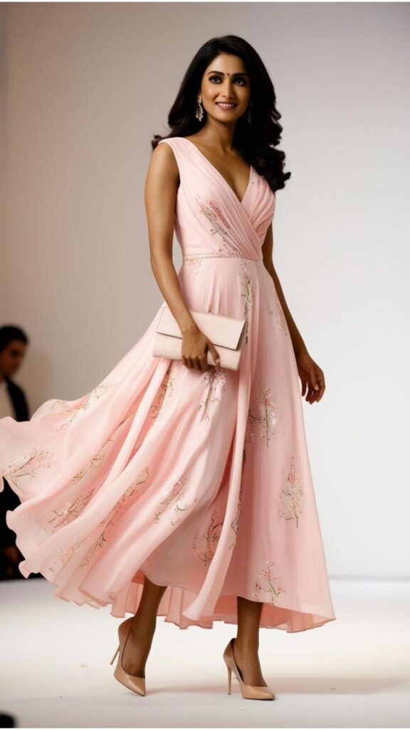 A beautiful woman wearing a pastel pink dress with a floral print, paired with bare heels and a matching clutch.