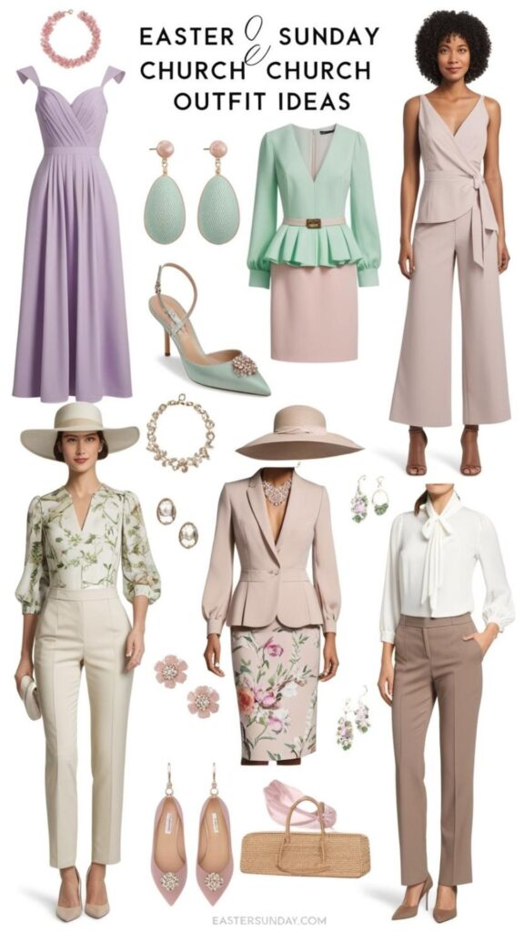 A mood board showcasing various Easter Sunday Church Outfit ideas for women, including dresses, skirts, pantsuits, and accessories.