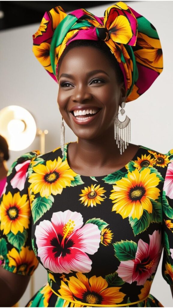 A Black woman wearing a vibrant floral dress with statement earrings and a colorful headwrap.