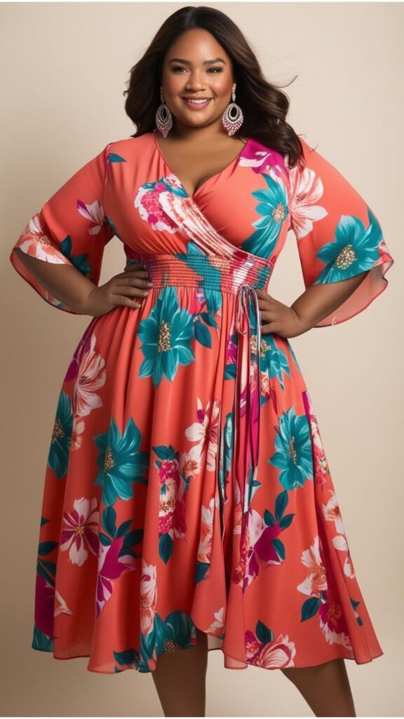 A plus-size lovely woman wearing a flowing floral dress with a cinched waist and statement earrings.