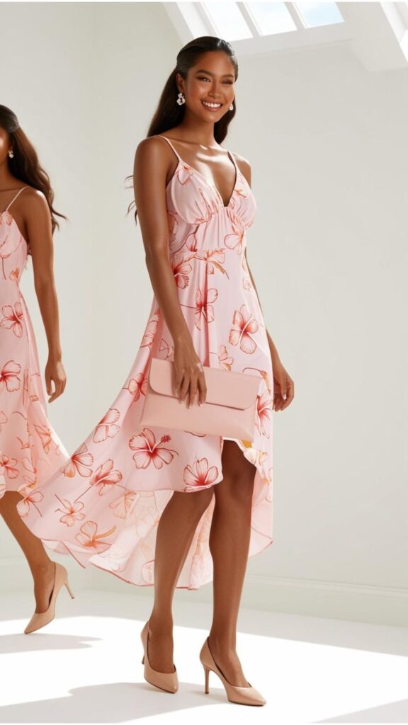 A beautiful woman wearing a pastel pink dress with a floral print, paired with bare heels and a matching clutch.