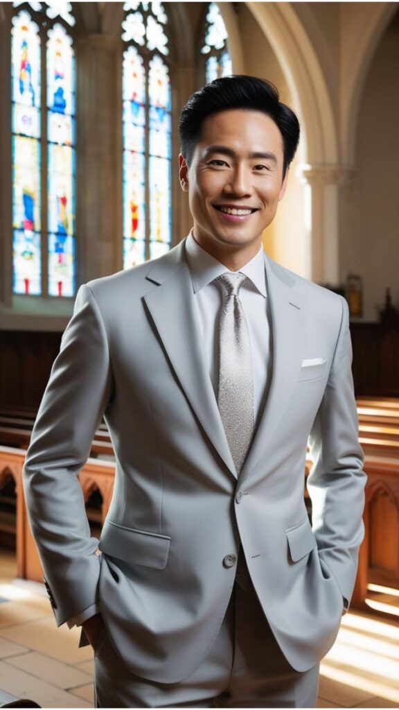A handsome man wearing a light gray suit with a crisp white shirt and a patterned tie, standing in a church.