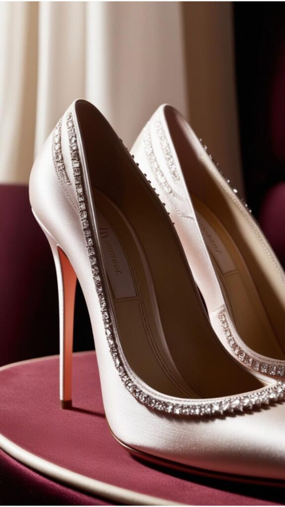 A close-up shot of elegant high heels, highlighting their shape, material, and any embellishments. Focus on creating a luxurious feel.