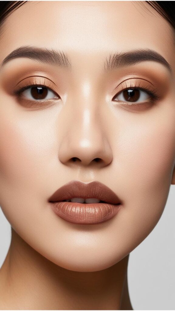 A close-up shot of a person showcasing Korean style makeup, focusing on dewy skin, natural-looking eyebrows, and subtly defined eyes with a gradient lip