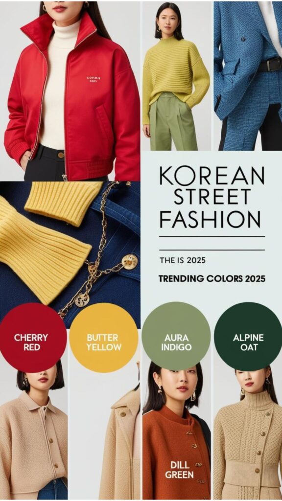 A mood board featuring the trending colors for 2025: Cherry Red, Butter Yellow, Aura Indigo, Dill Green, and Alpine Oat, showcasing how they can be incorporated into Korean street fashion outfits.