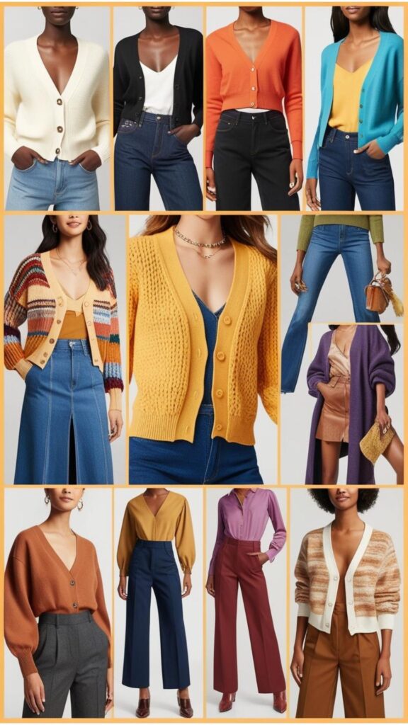 A collage showcasing different cardigan outfit combinations, including cardigans with jeans, skirts, dresses, and trousers.