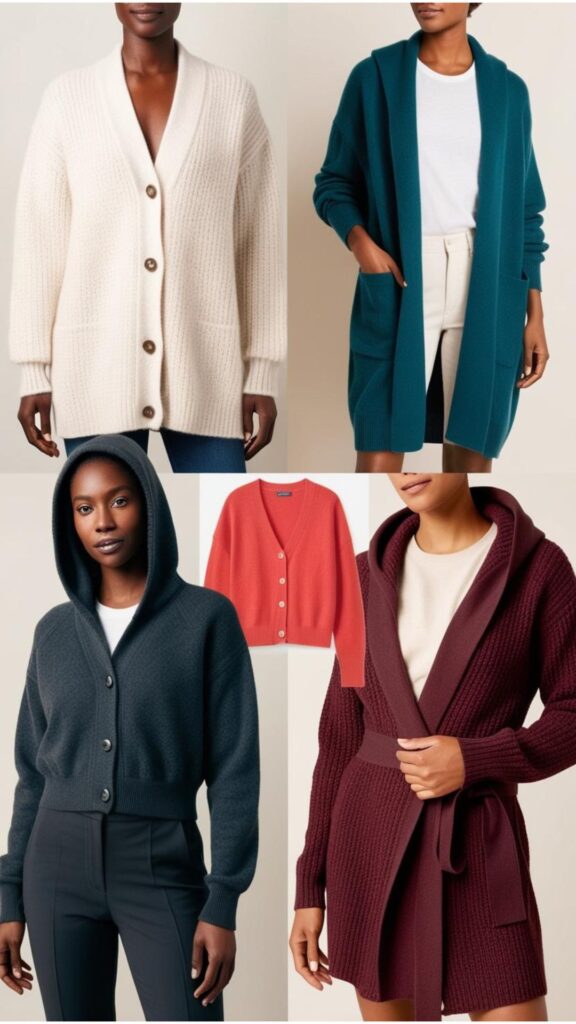A collage showcasing different types of cardigans, including classic, oversized, cropped, hooded, and wrap styles.