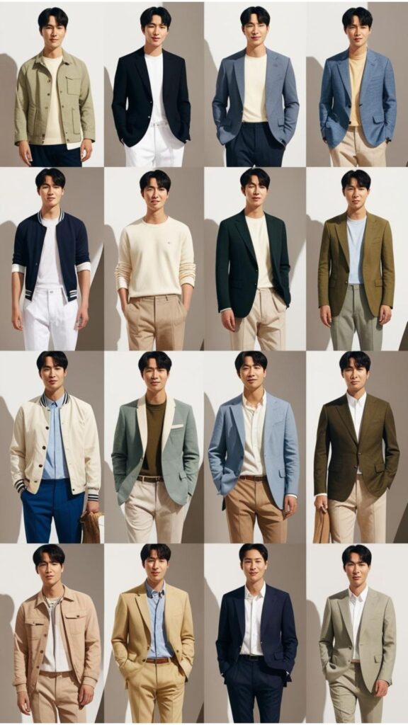 A gallery of korean style men showcasing various casual and slightly more formal outfits, highlighting clean lines and thoughtful color combinations.