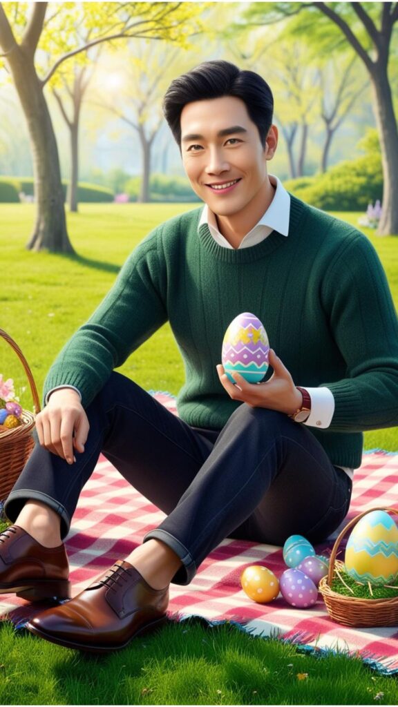 A good-looking man wearing a forest green sweater with dark wash jeans and brown leather shoes, enjoying an Easter picnic in a park.