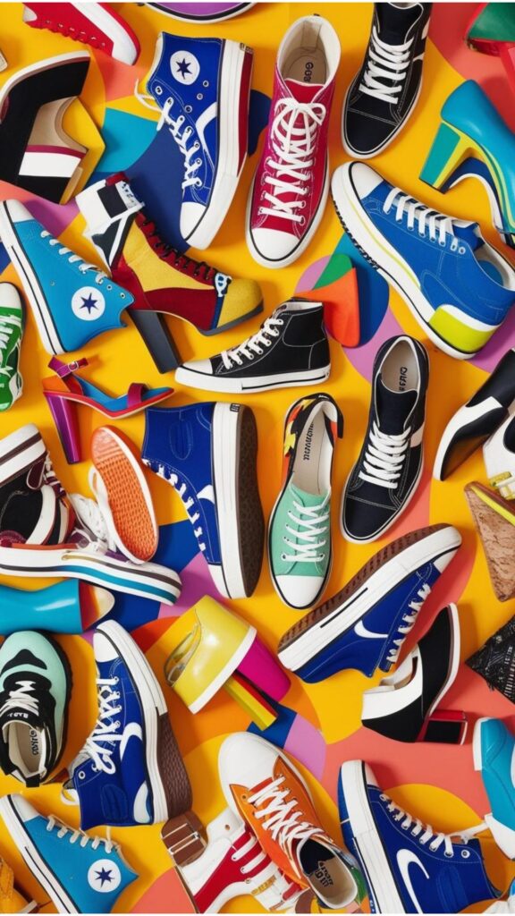 A visually appealing pattern or arrangement of different types of shoes that could be used as a wallpaper or background image.
