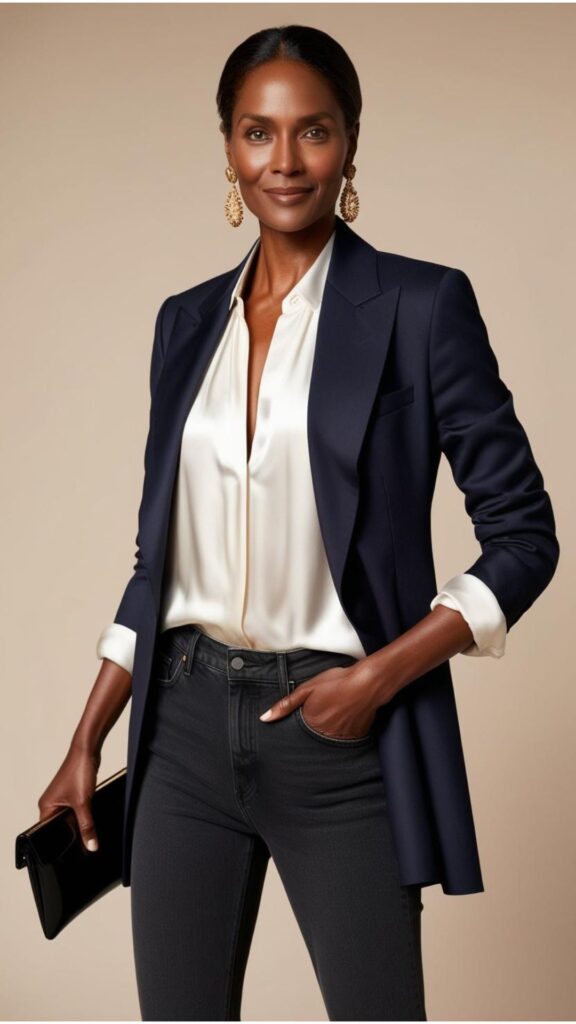 A woman wearing jeans, a white blouse, and a blazer, accessorized with statement earrings and a clutch